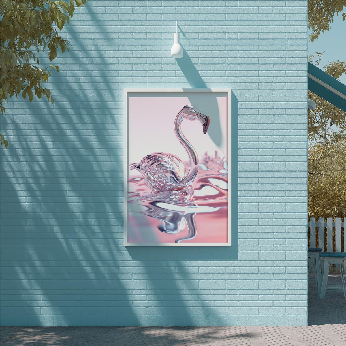 a large, colorful painting of a flamingo on a blue brick wall.