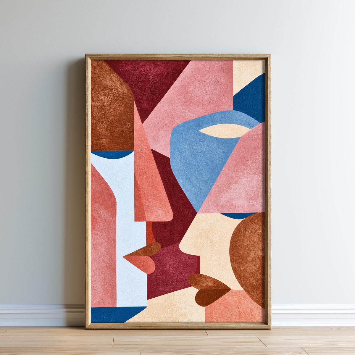 The image is a framed abstract painting featuring a colorful and geometric design of various shapes and colors.