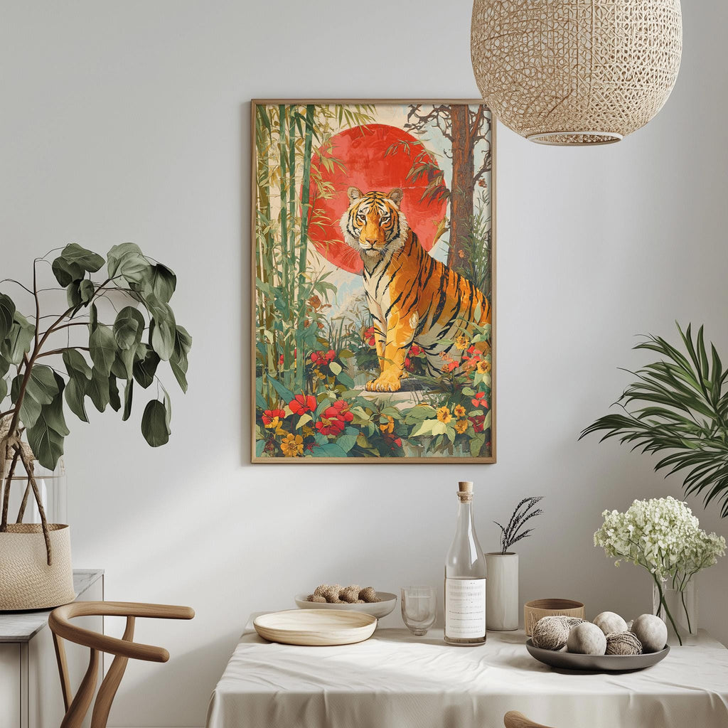 a framed painting of a tiger in a lush, tropical setting, with a red sun in the background. The painting is hung on a wall above a dining table, which has various items on it, including a bottle, a bowl, and a vase. The table is surrounded by chairs, and there are potted plants and other decorative elements in the room.