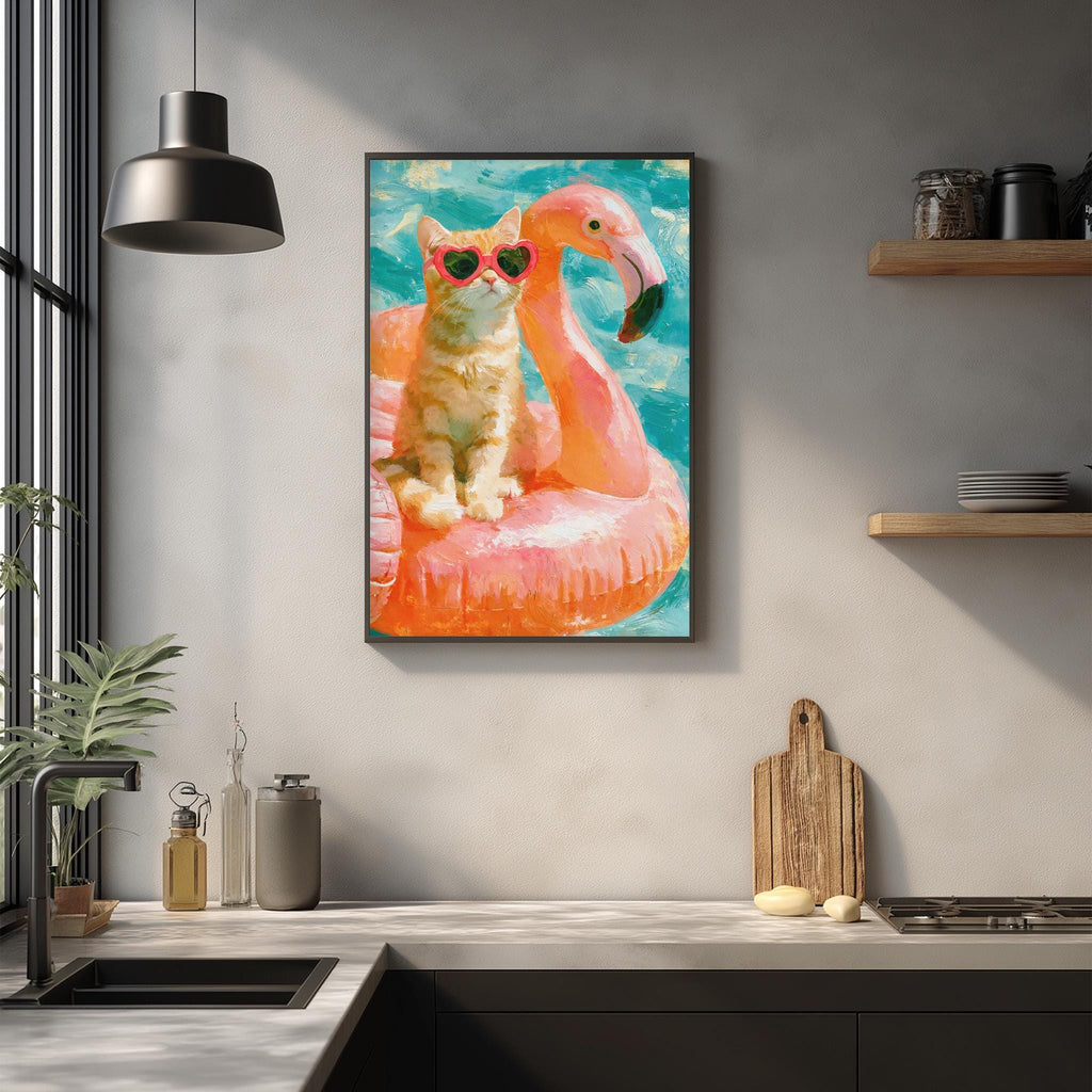 A framed painting of a cat wearing sunglasses and sitting on a pink flamingo float is hanging on a wall in a kitchen.