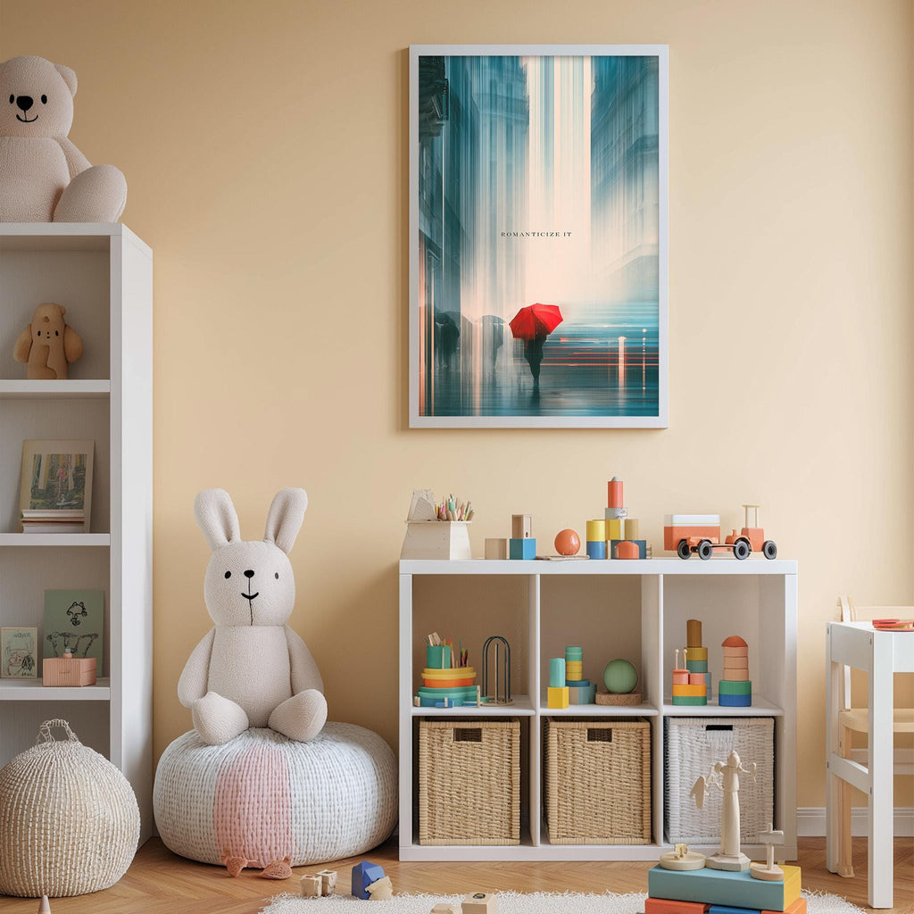 A cozy children's room with a white rabbit sitting on a bean bag chair, surrounded by shelves filled with toys and books, and a framed poster of a rainy cityscape hanging on the wall.