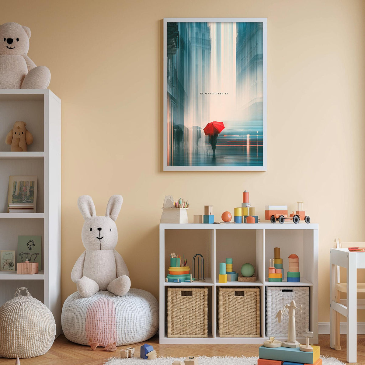 A cozy children's room with a white rabbit sitting on a bean bag chair, surrounded by shelves filled with toys and books, and a framed poster of a rainy cityscape hanging on the wall.