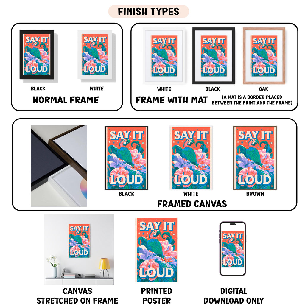 various images of a poster or artwork with the text "Say it loud" in different styles and frames. It includes a black and white version, a white and black version, a black and oak version, a white and black version, a black and white version, a white and brown version, a framed canvas version, a stretched canvas version, a printed poster version, and a digital download only version.