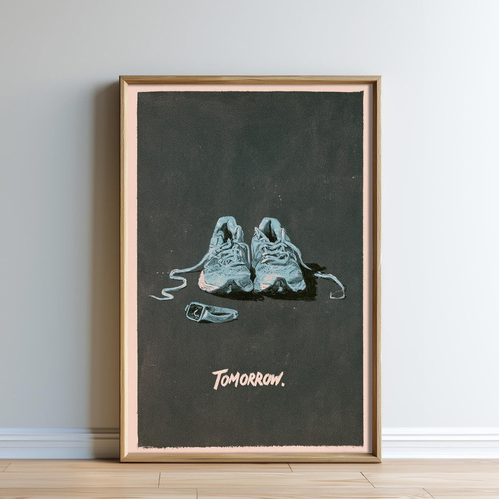 The image is a framed artwork depicting a pair of blue running shoes on a dark background, with the word " Tomorrow" written below the shoes.