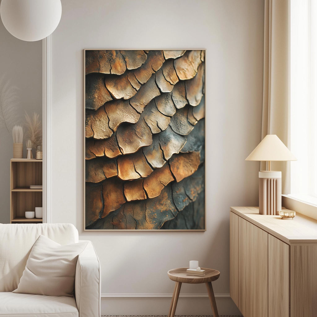a large, abstract painting of a rocky surface with a textured, layered appearance, hanging on a wall in a modern living room setting.