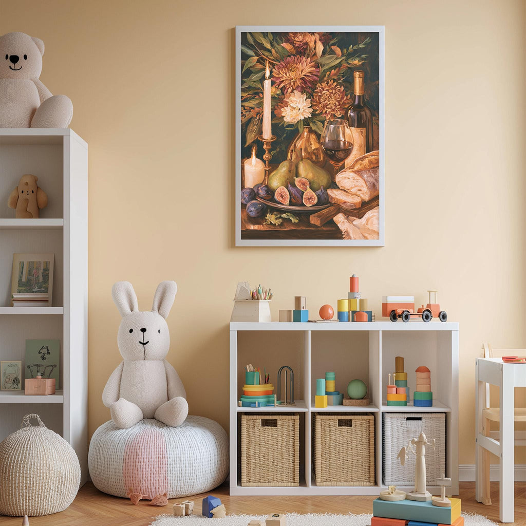 A cozy children's room with a white bookshelf, a stuffed rabbit, and a colorful toy set. The walls are painted a light peach color, and a framed painting of flowers and fruit is displayed above the bookshelf.