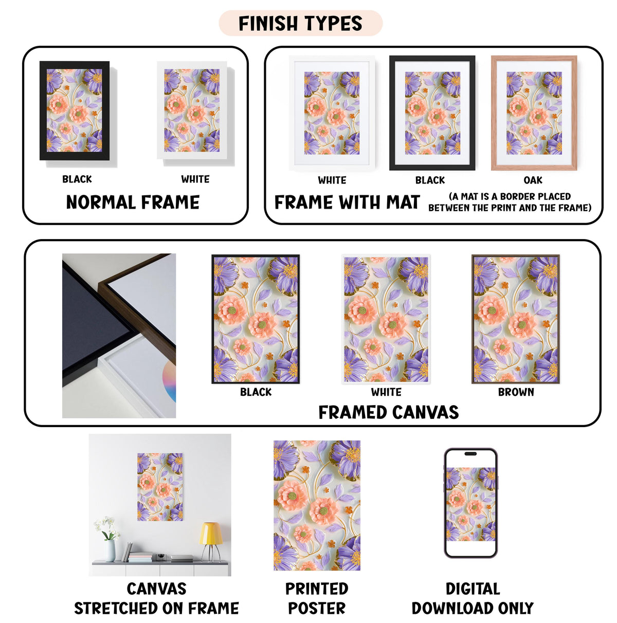 various finish types for framed artwork, including black, white, black, white, black, white, black, white, black, white, black, white, black, white, black, white, brown, framed canvas, printed poster, and digital download only.