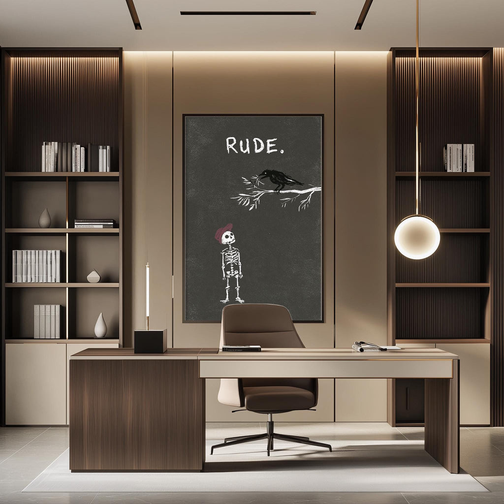 a modern office space with a desk, chair, and bookshelves. There is a large black and white poster on the wall with the word "Rude" written on it.