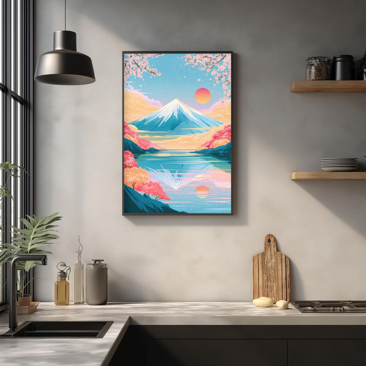 a kitchen counter with a framed painting of a mountain landscape hanging above it. The painting depicts a serene mountain scene with a lake, trees, and a sunset. The kitchen counter has various items on it, including a cutting board, a bottle, and a vase.