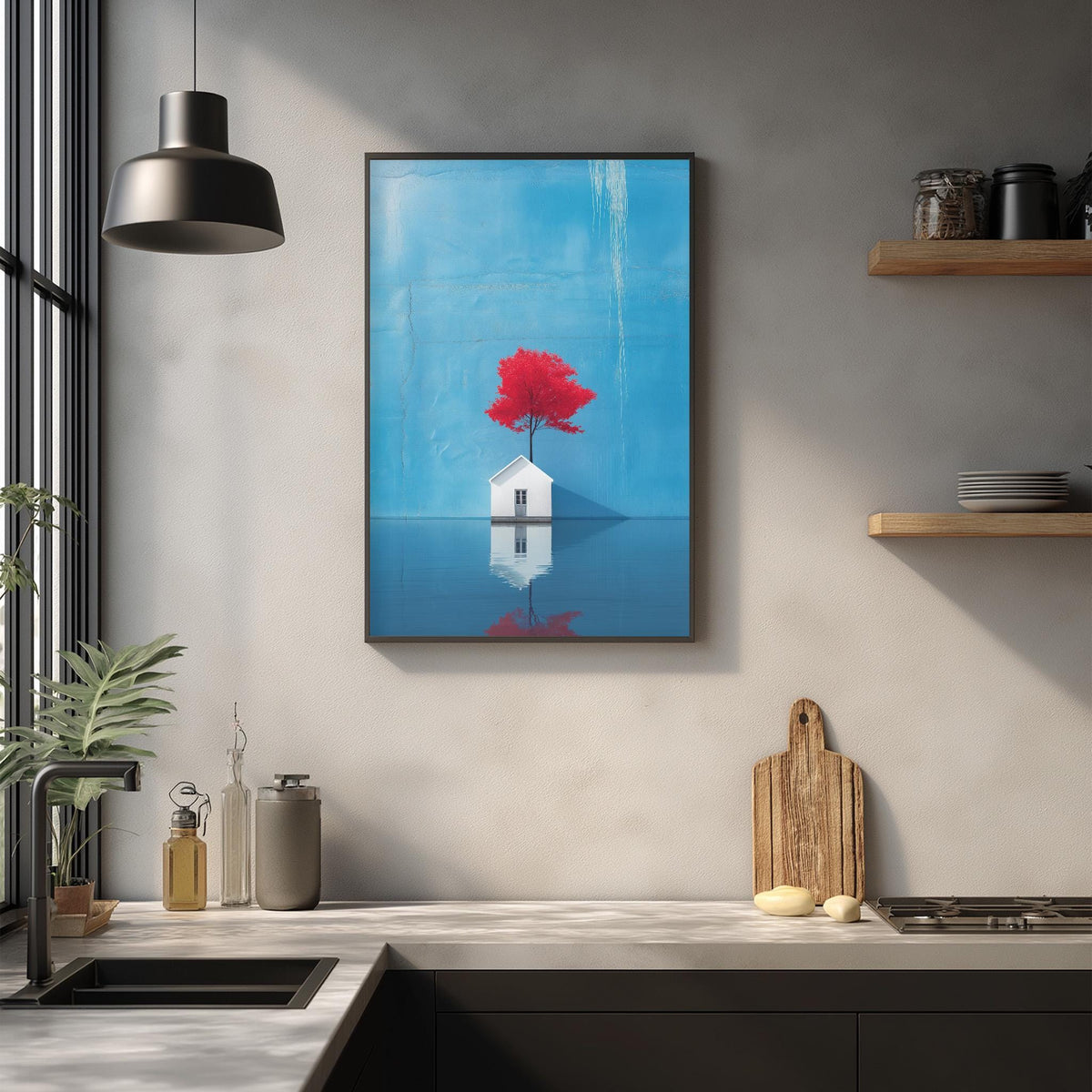 a modern kitchen with a minimalist design, including a framed artwork of a red tree on the wall, a wooden cutting board, and various kitchen accessories such as a bottle and a vase.