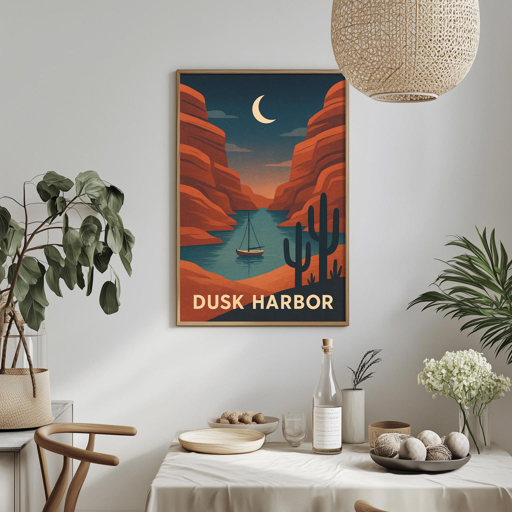 a framed poster of a desert landscape with a crescent moon, a sailboat, and a desert island in the distance. The poster is hanging on a wall above a dining table with various decorative items and plants.