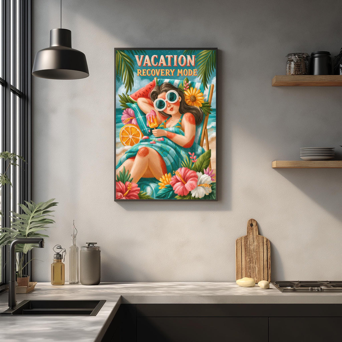 a vibrant and colorful painting of a woman lounging on a tropical beach, surrounded by various tropical elements such as flowers, palm trees, and an orange. The painting is hung on a wall above a kitchen counter, which has a sink, a cutting board, and some other kitchen items. The overall scene conveys a sense of relaxation and vacation.