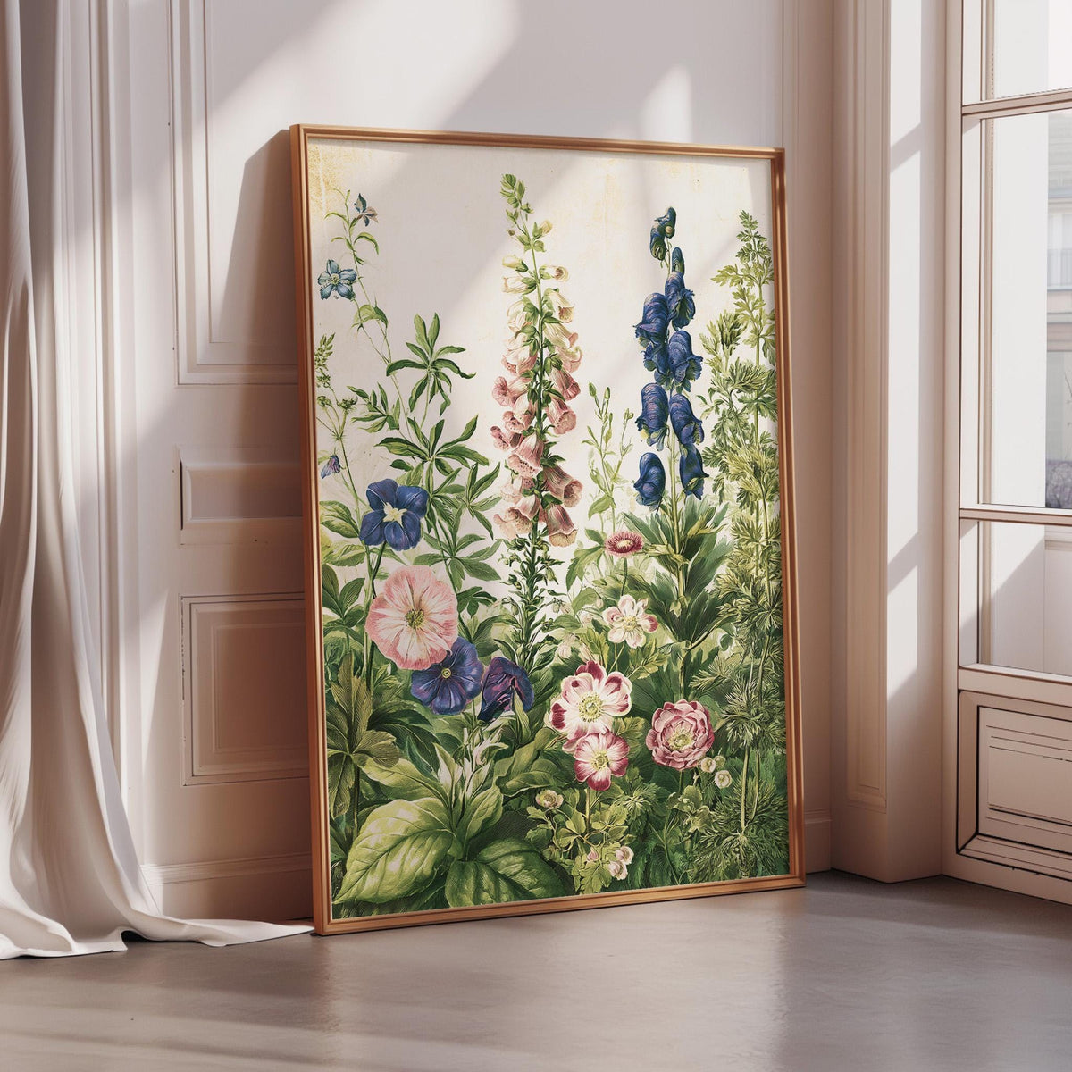 A framed painting depicting a lush garden scene with various flowers and plants is displayed on a wall in a room with a window.
