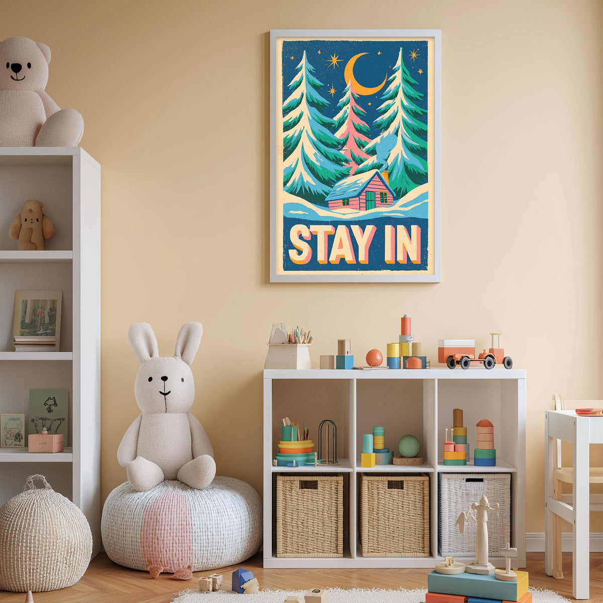 A cozy children's bedroom with a large poster of a winter landscape hanging on the wall, featuring a cabin and trees. The room is filled with various toys, including a teddy bear, a rabbit, and a toy train. The overall color scheme of the room is warm and inviting, with a mix of white, beige, and brown tones.