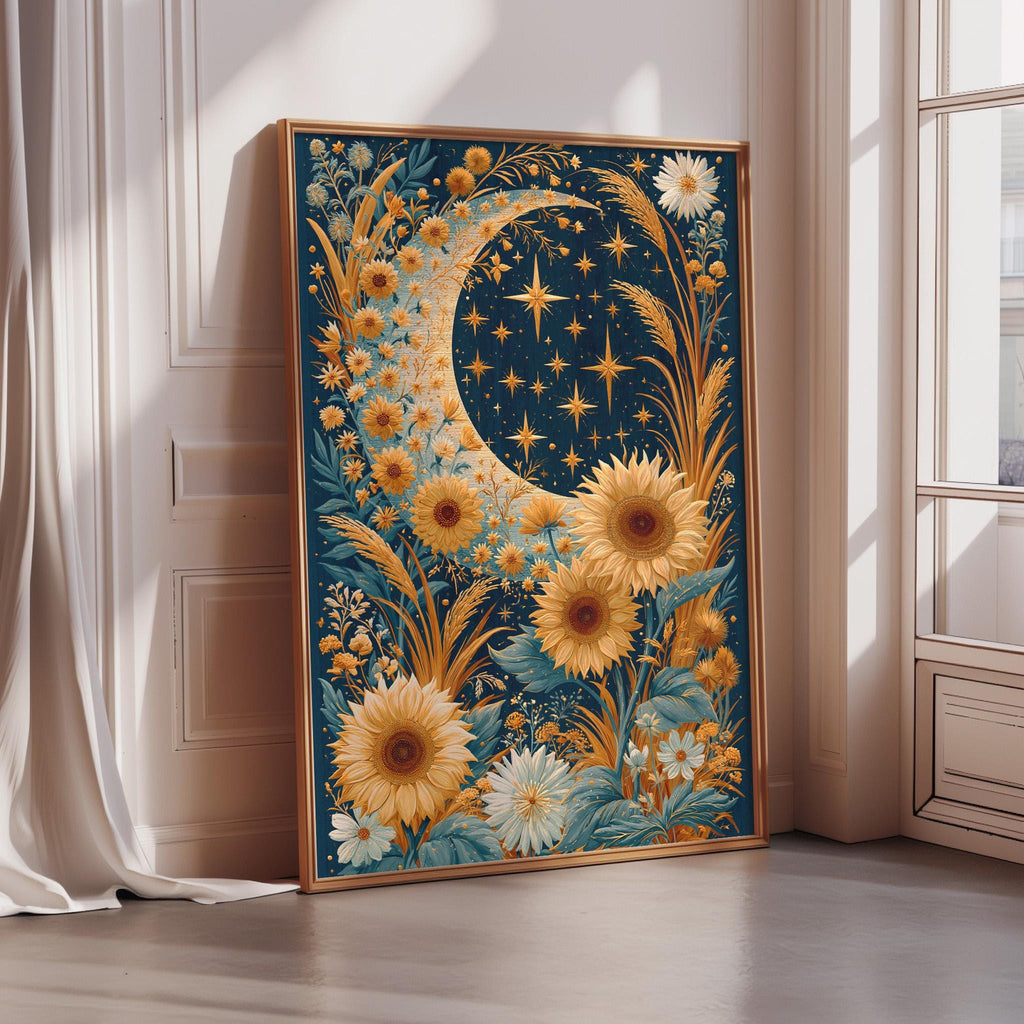 A framed artwork depicting a crescent moon surrounded by a vibrant floral arrangement of sunflowers and other flowers, set against a starry night sky background.