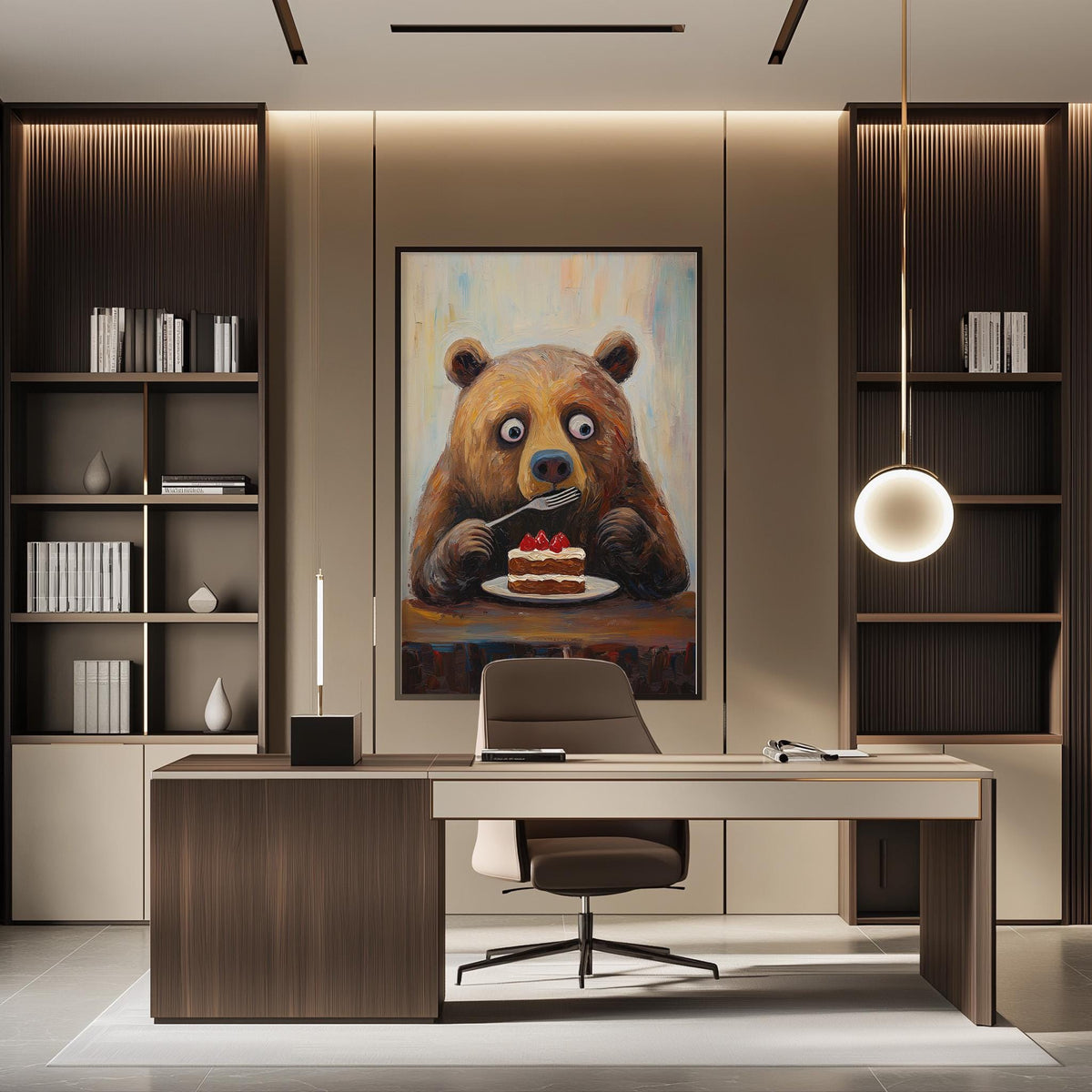a modern office space with a large painting of a bear holding a piece of cake on the wall. The bear appears to be eating the cake, and there is a desk with a chair in front of it. The office has a minimalist design with wooden shelves and a round light fixture hanging from the ceiling.