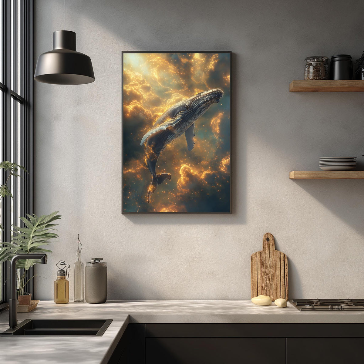 a large framed artwork depicting a whale swimming in a vibrant, fiery underwater scene, hanging on a wall above a kitchen counter.