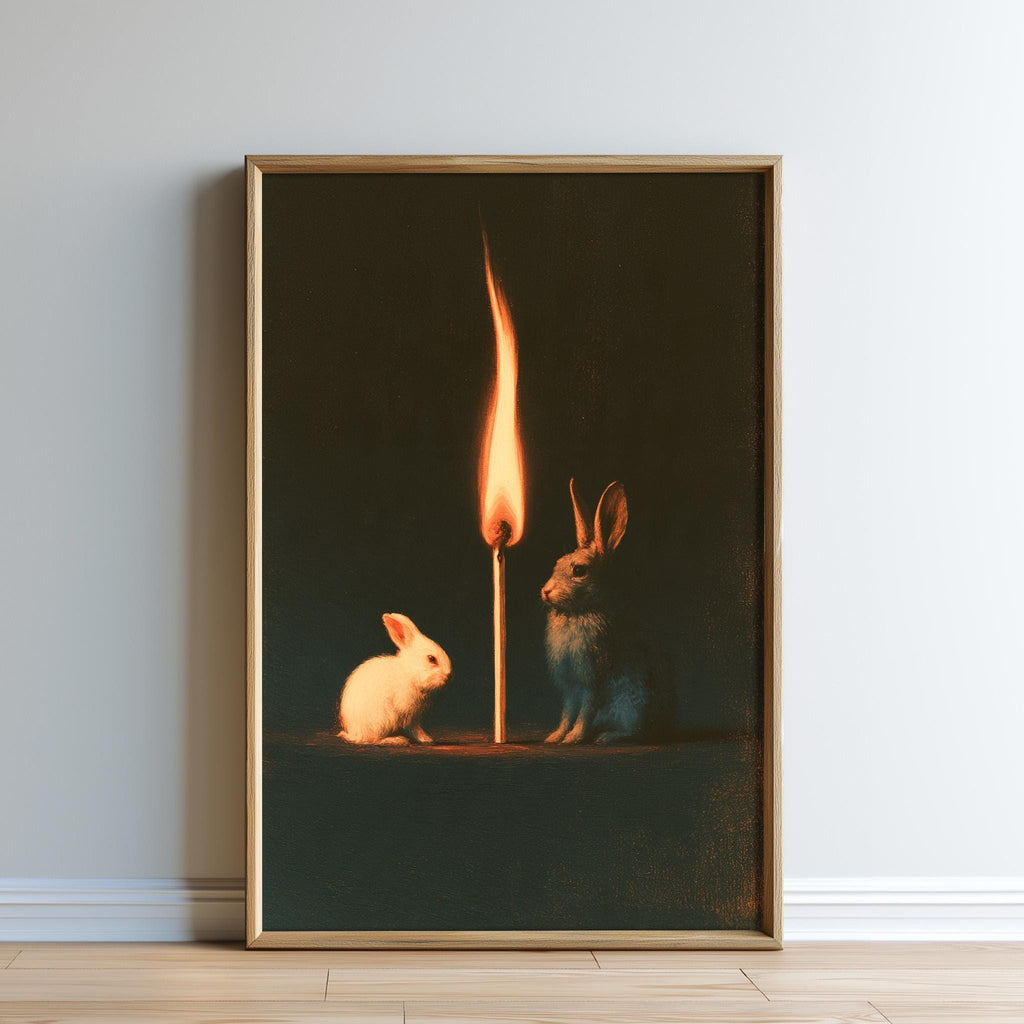 A framed painting depicting two rabbits sitting next to a lit match, with the flame of the match casting a warm glow on the scene.
