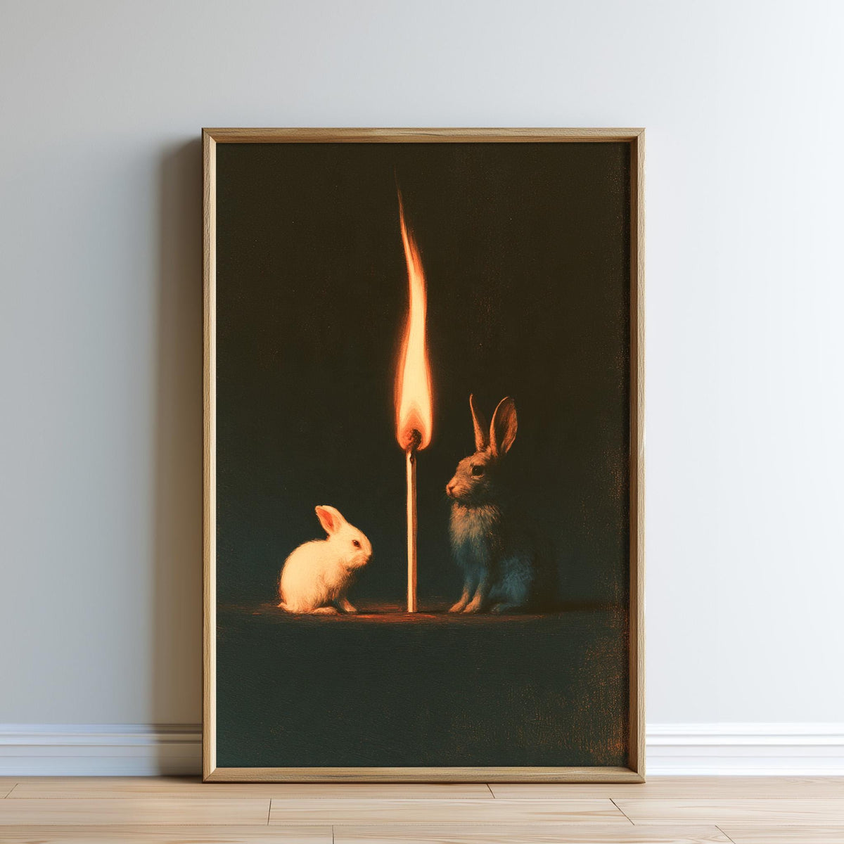 A framed painting depicting two rabbits sitting next to a lit match, with the flame of the match casting a warm glow on the scene.