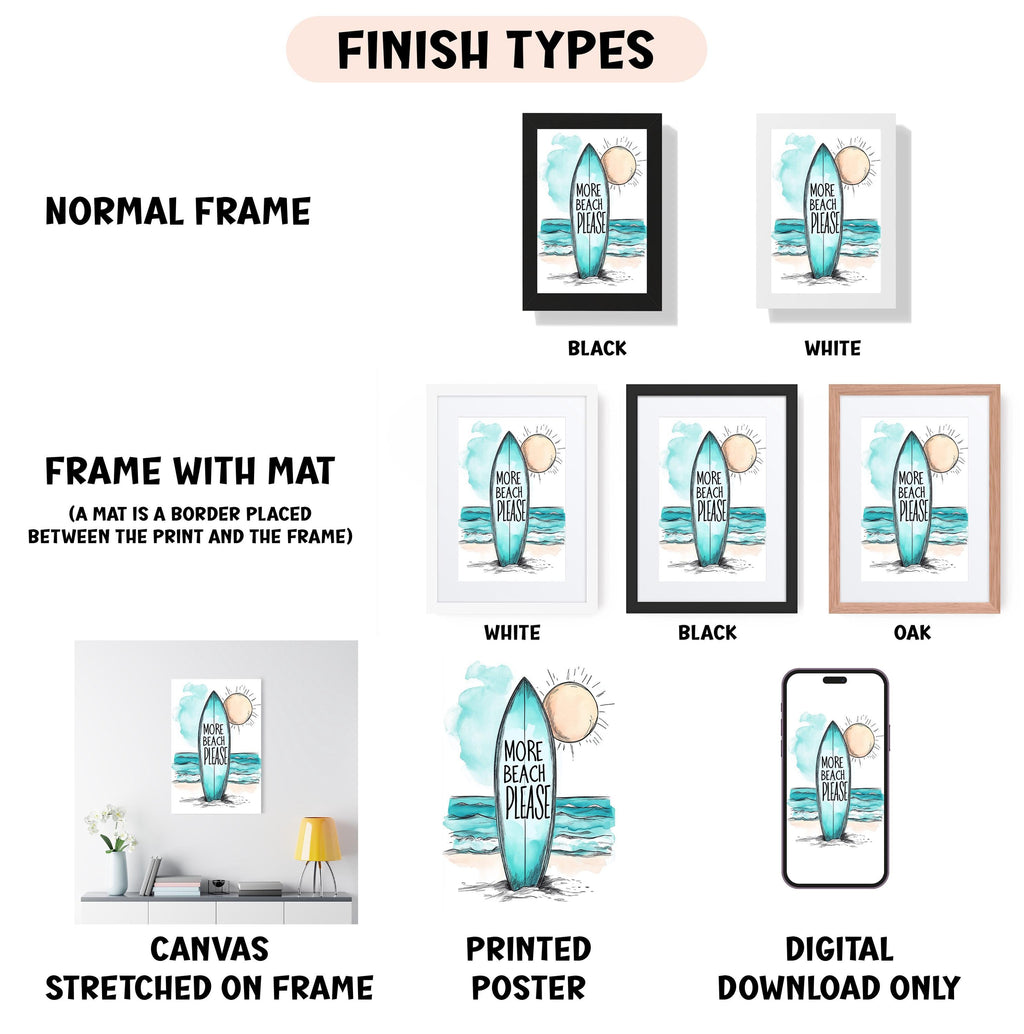 various finish types for a surfboard-themed artwork, including a normal frame, a frame with a mat, a white frame, a black frame, a white frame, a black frame, an oak frame, a canvas stretched on a frame, a printed poster, and a digital download only.