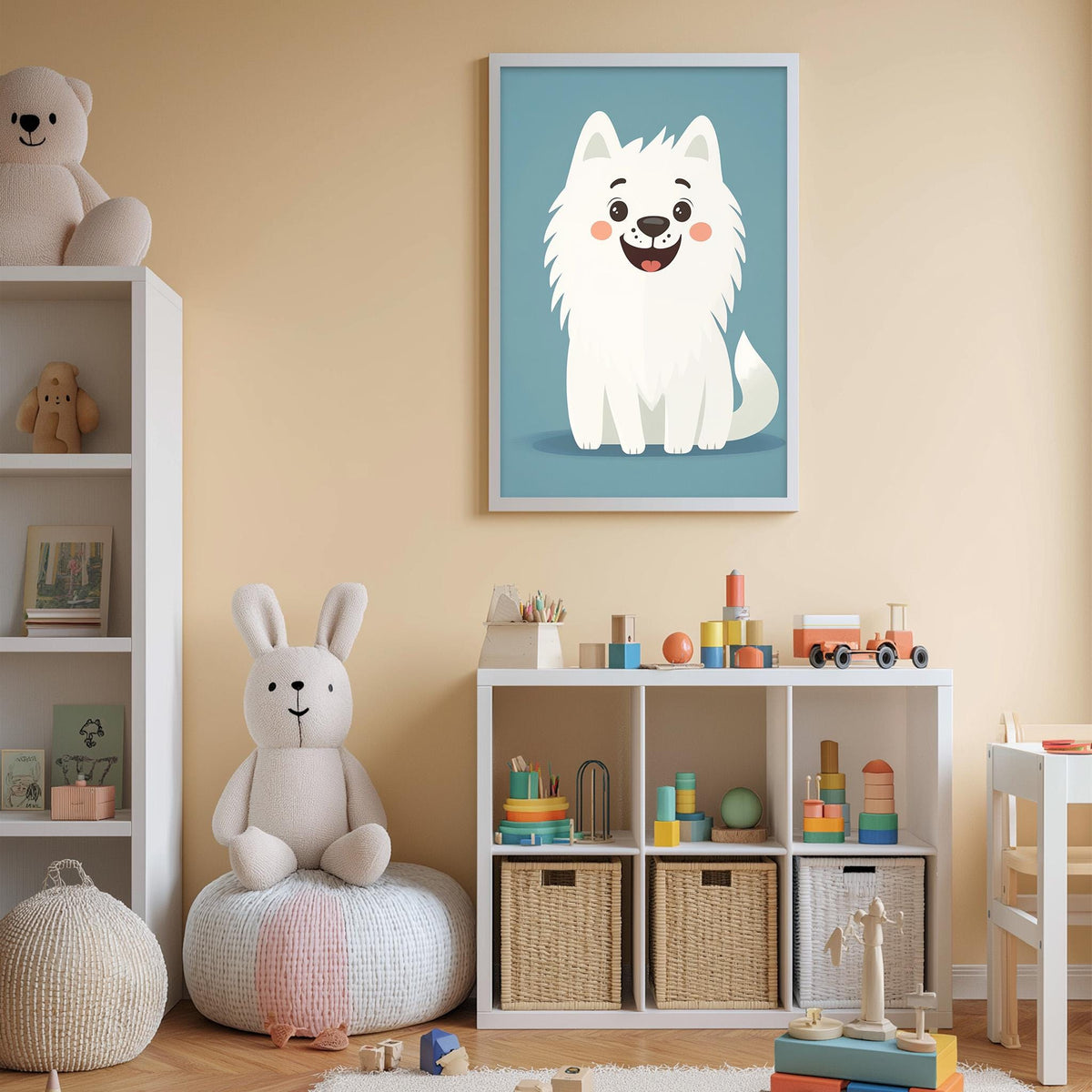A child's bedroom with a white rabbit sitting on a bean bag chair, surrounded by a variety of toys and stuffed animals.