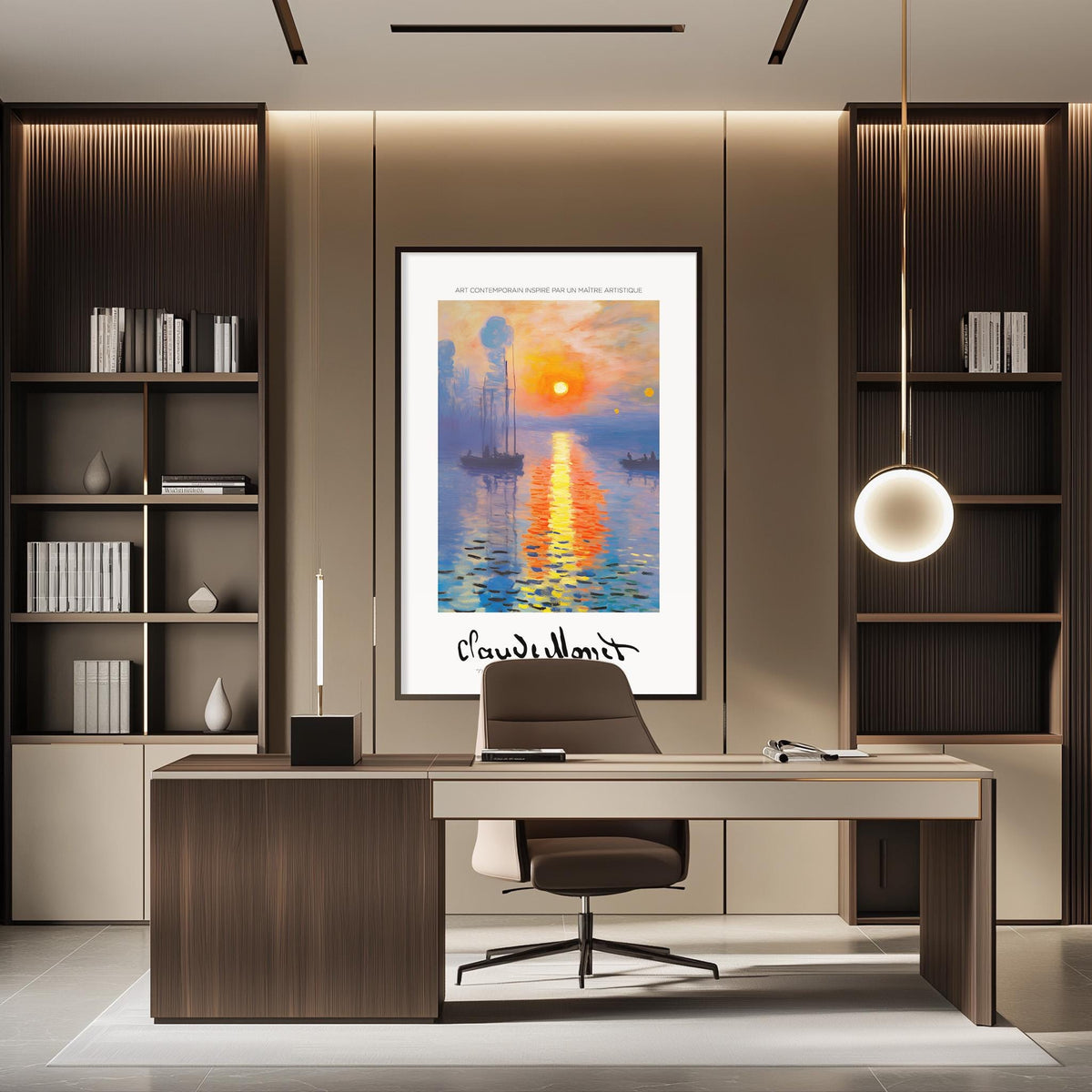 a modern office space with a large framed painting of a sunset over water hanging on the wall above a desk with a chair.