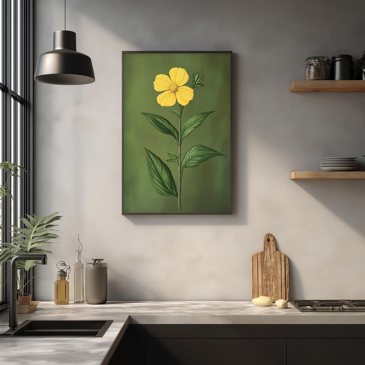 a kitchen counter with a framed painting of a yellow flower on the wall above it. The kitchen counter also has various kitchen items such as a cutting board, a soap dispenser, and a bottle.