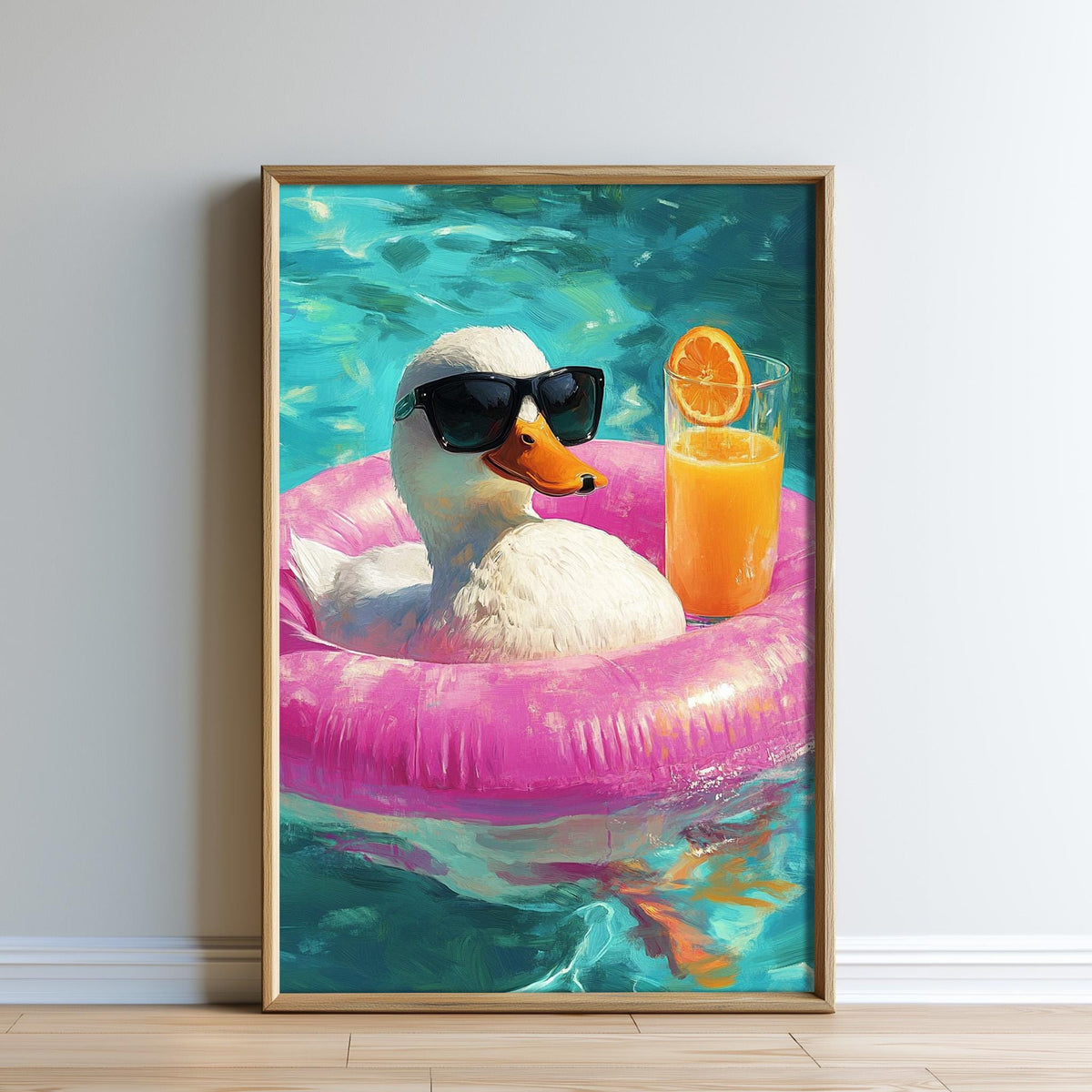 A duck wearing sunglasses and floating on a pink inner tube in a pool, with a glass of orange juice nearby.