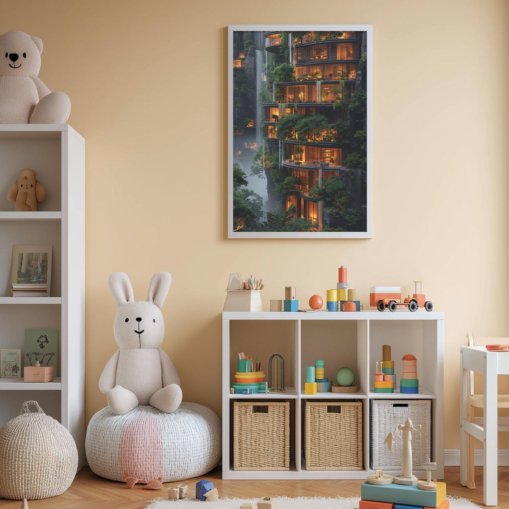 A cozy children's room with a large stuffed rabbit, a bookshelf, and a colorful toy set. The room has a warm, inviting atmosphere with a large framed picture of a building with a waterfall in the background.
