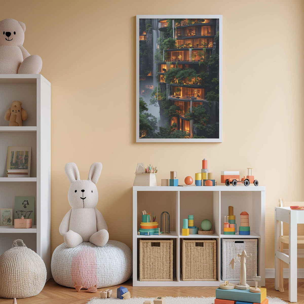 A cozy children's room with a large stuffed rabbit, a bookshelf, and a colorful toy set. The room has a warm, inviting atmosphere with a large framed picture of a building with a waterfall in the background.