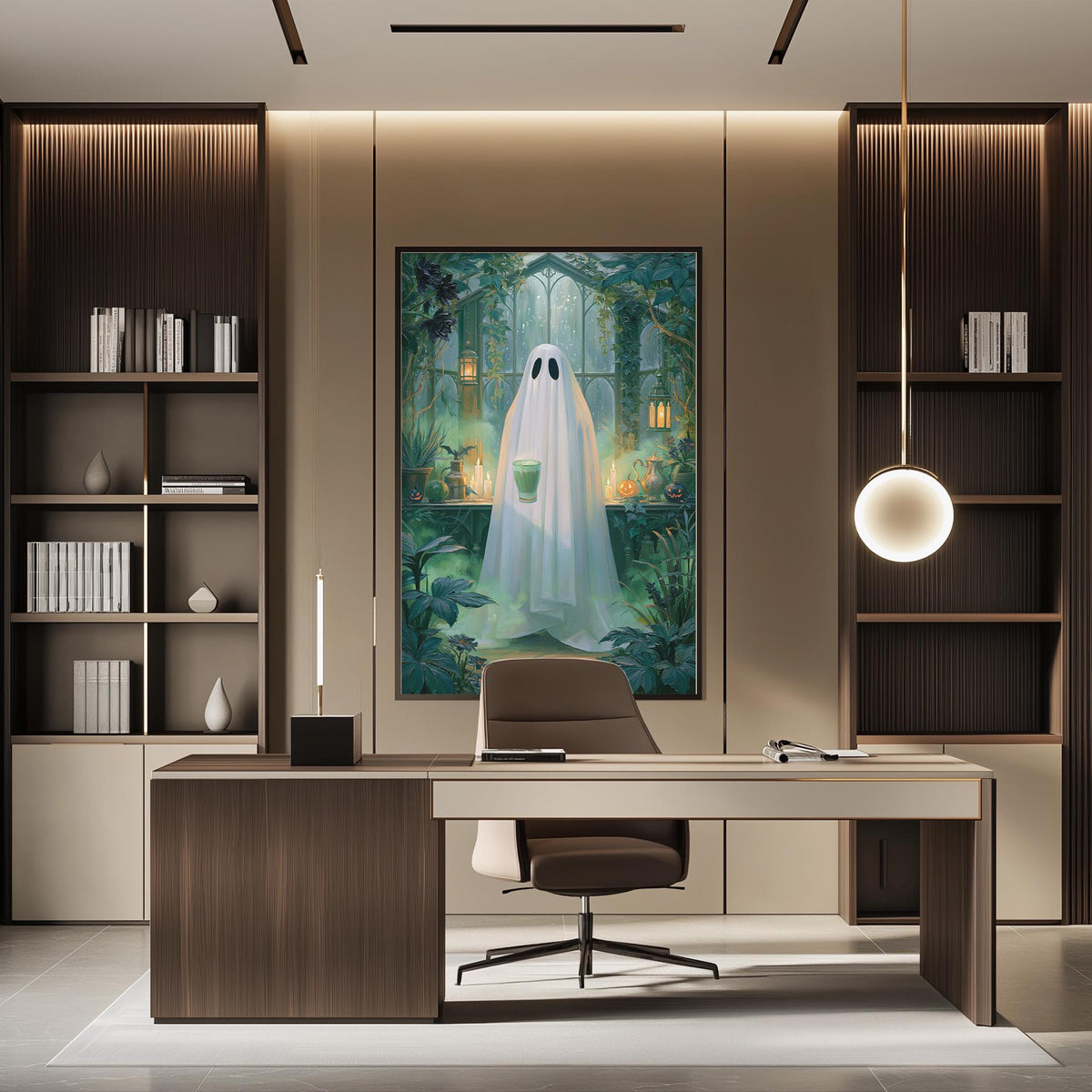 a modern office space with a large framed artwork of a ghost in the background, surrounded by a lush, green forest. The office features a desk, chair, and shelving units, creating a professional and stylish atmosphere.