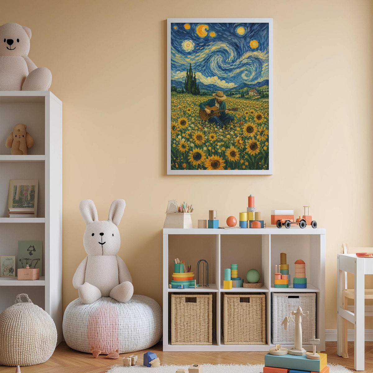A cozy children's room with a white rabbit sitting on a bean bag chair, surrounded by a toy chest filled with toys, a bookshelf, and a framed painting of a field with sunflowers.
