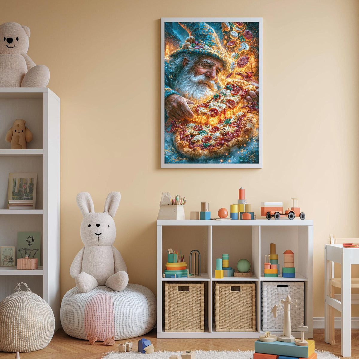 A cozy children's room with a large framed picture of a wizard on the wall, a stuffed rabbit, a toy train, and a toy castle.