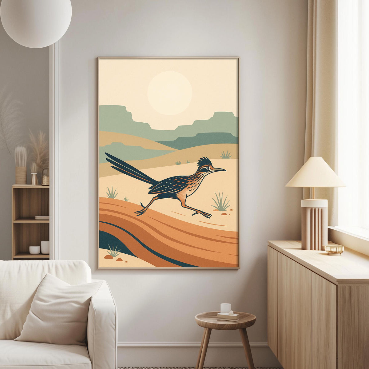 a large, colorful painting of a bird in a desert landscape, hanging on a wall in a living room.