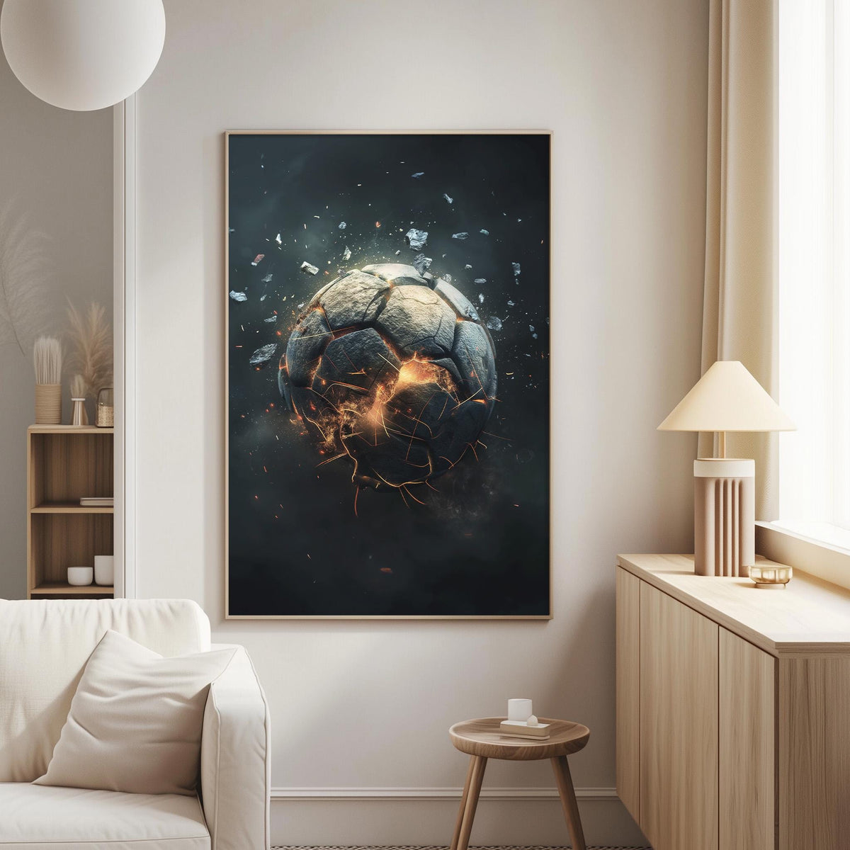 a large, striking painting of a soccer ball that has been shattered into pieces, with flames emanating from it, creating a dramatic and fiery scene.