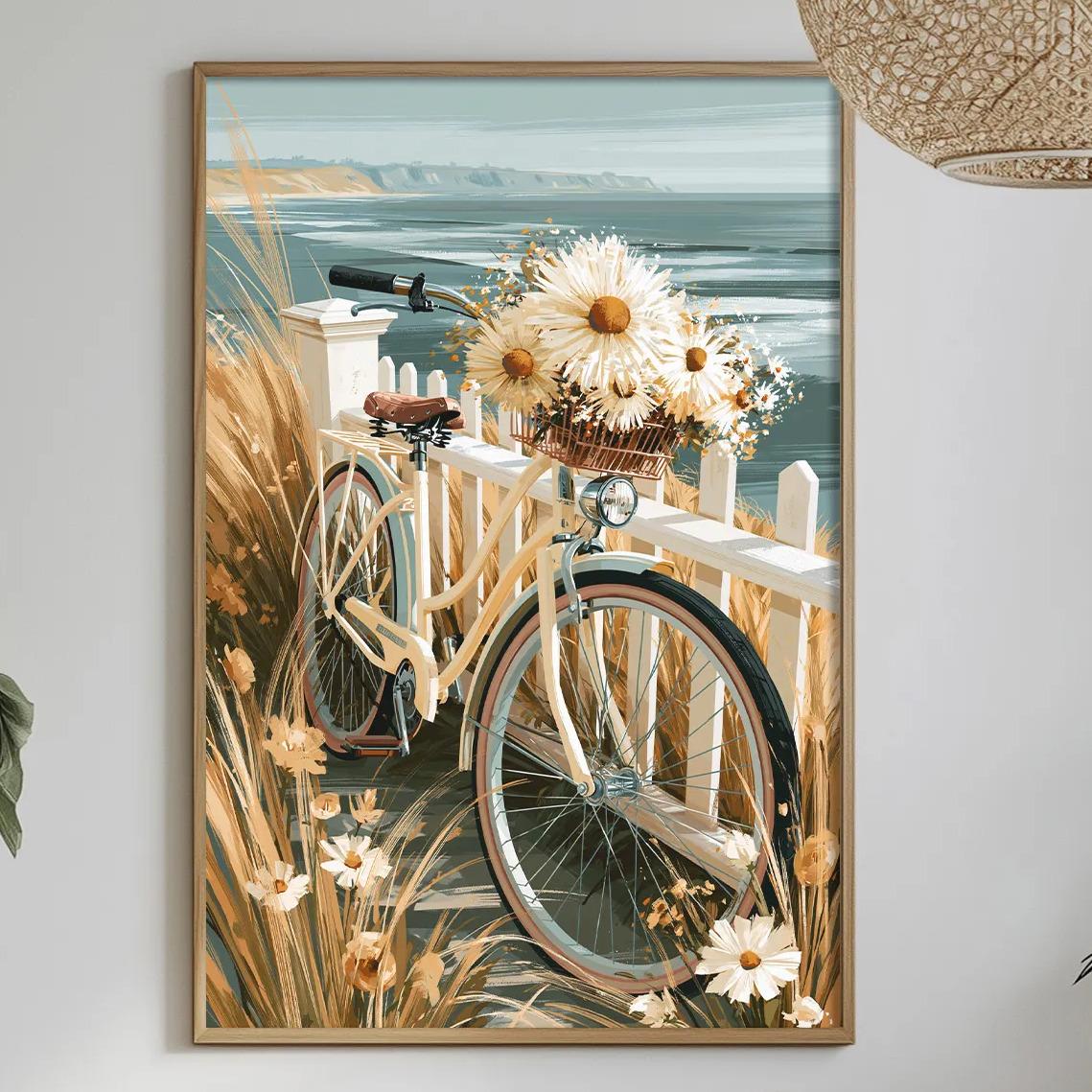 a serene indoor setting with a framed painting of a bicycle resting on a wooden fence, surrounded by flowers, plants, and a table with various items on it.