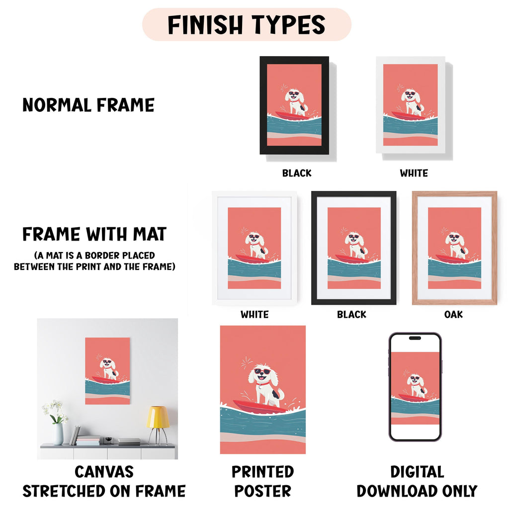 various framed artworks, including a poster, a canvas, and a digital poster, each with different finish types and frame styles.