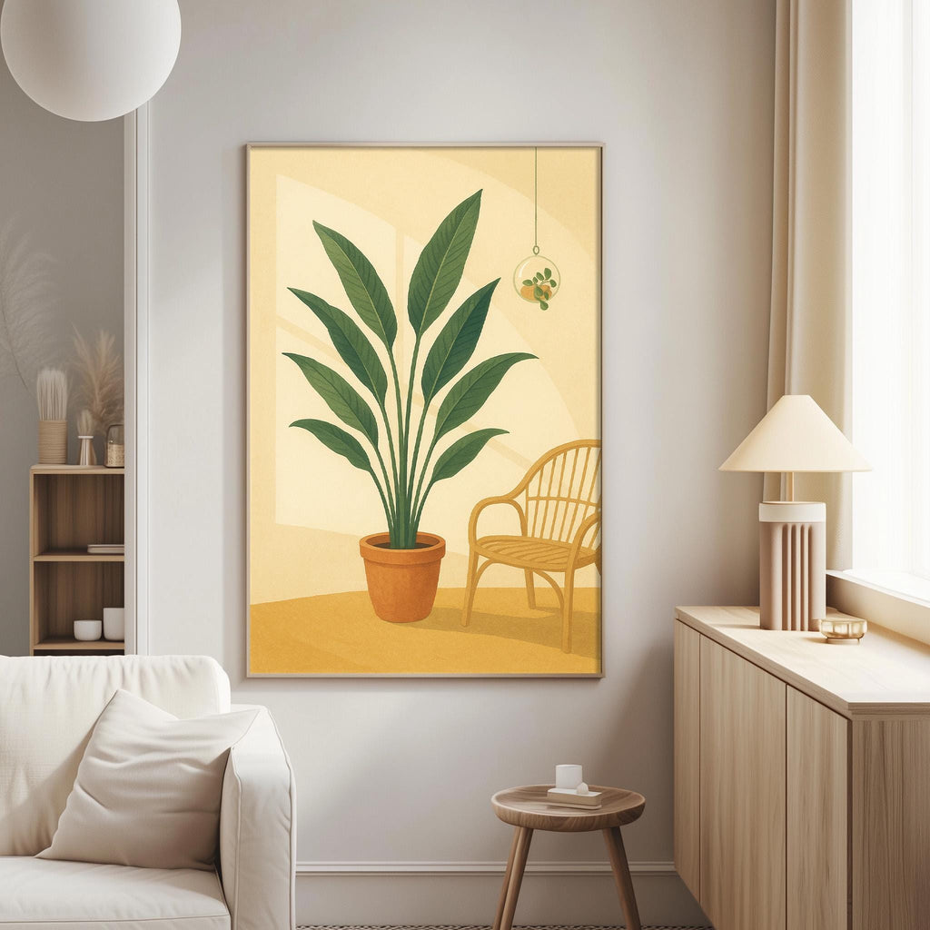 a living room with a large potted plant, a yellow chair, and a wooden cabinet with a lamp.