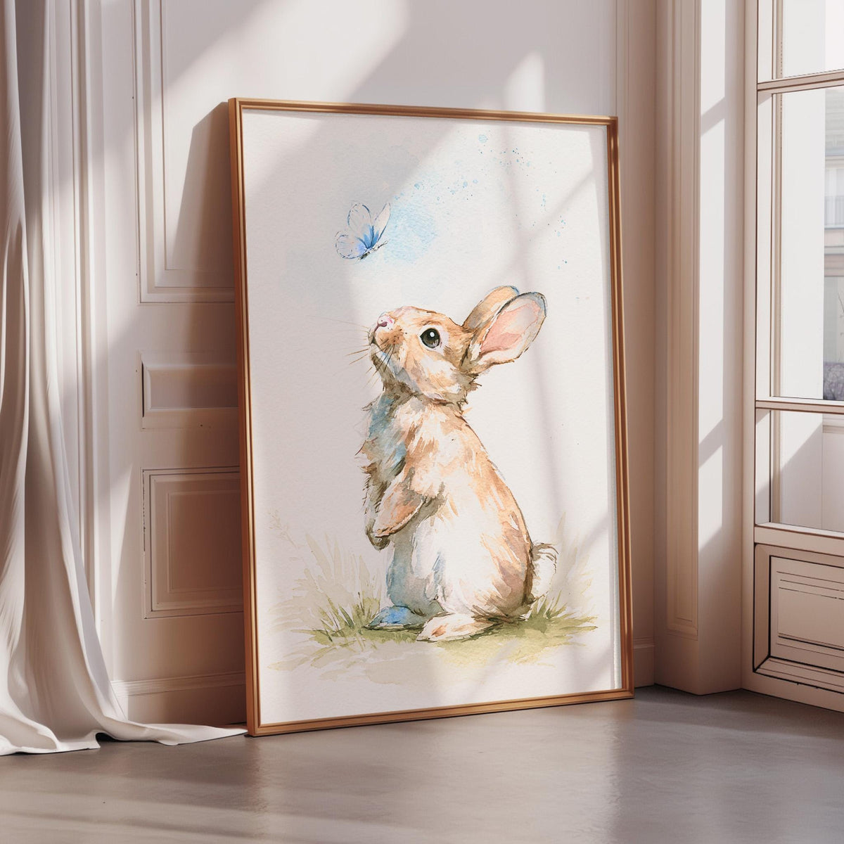 A framed painting of a rabbit sitting in the grass, looking up at a butterfly in the air.