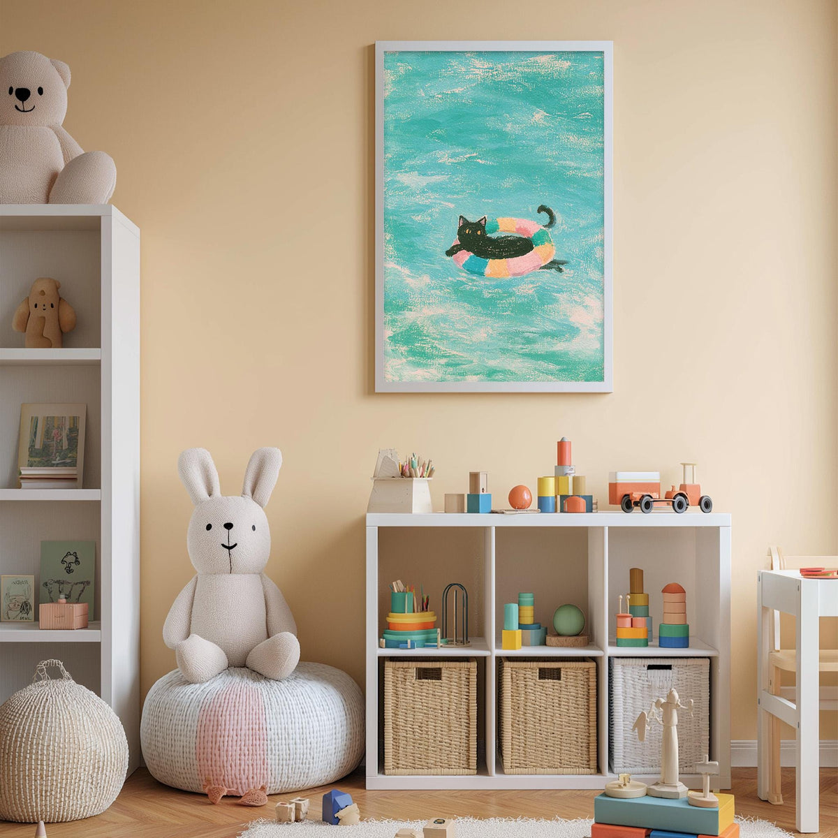 A child's bedroom with a white bookshelf, a stuffed rabbit, a toy train, and a colorful painting of a cat swimming in a pool.