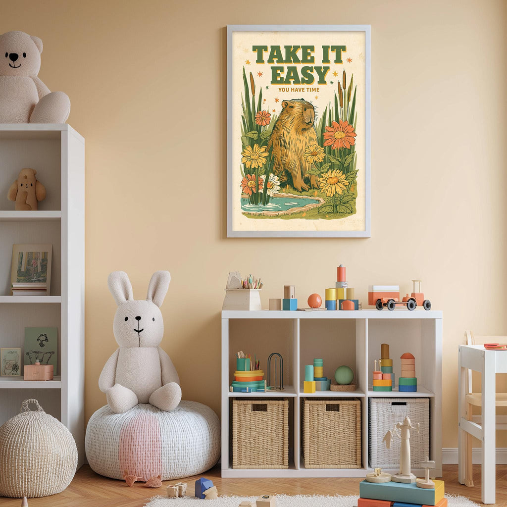 a child's bedroom with a white bookshelf, a stuffed rabbit, a toy train, and a framed poster with a cartoon animal and the text "TAKE IT EASY YOU HAVE TIME".