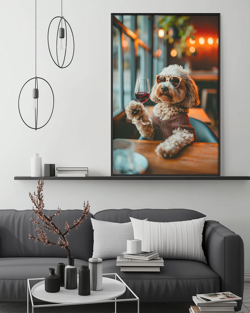 A cozy living room with a gray sofa, a coffee table, and a large framed photograph of a dog wearing sunglasses and holding a glass of wine.