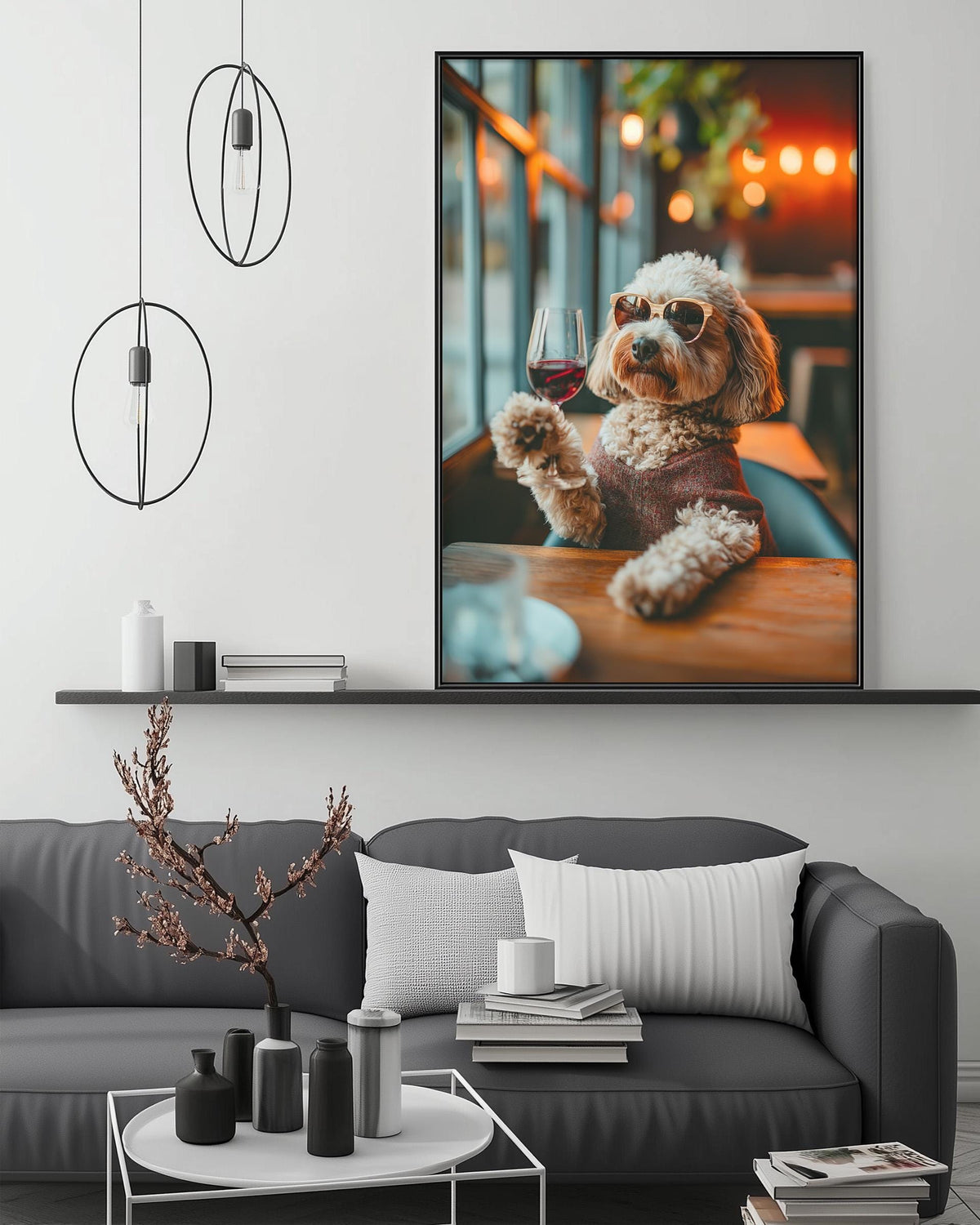 A cozy living room with a gray sofa, a coffee table, and a large framed photograph of a dog wearing sunglasses and holding a glass of wine.