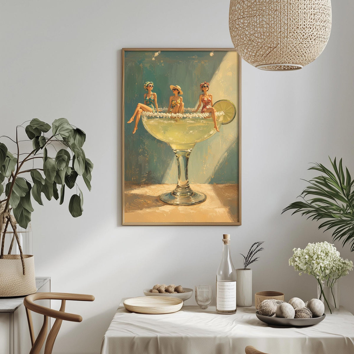 a framed painting of three women sitting in a margarita glass, surrounded by various decorative elements such as potted plants, vases, and a dining table with a bowl of fruit.