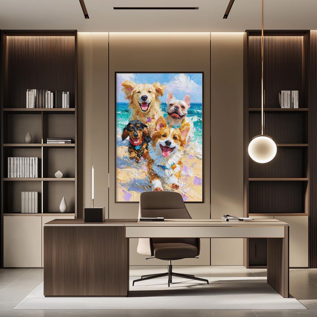 a modern office space with a large painting of four dogs, including a golden retriever, a corgi, a poodle, and a bulldog, on the wall above a desk with a chair.