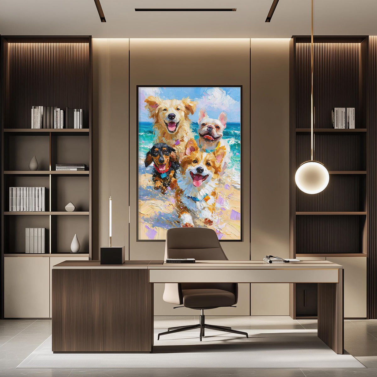 a modern office space with a large painting of four dogs, including a golden retriever, a corgi, a poodle, and a bulldog, on the wall above a desk with a chair.