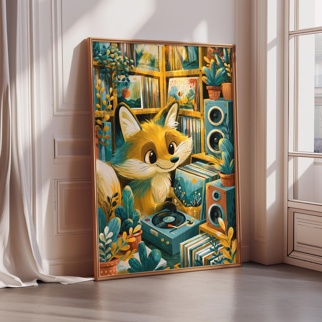 The image is a vibrant and whimsical painting depicting a fox surrounded by a variety of colorful objects, including books, plants, and musical equipment.
