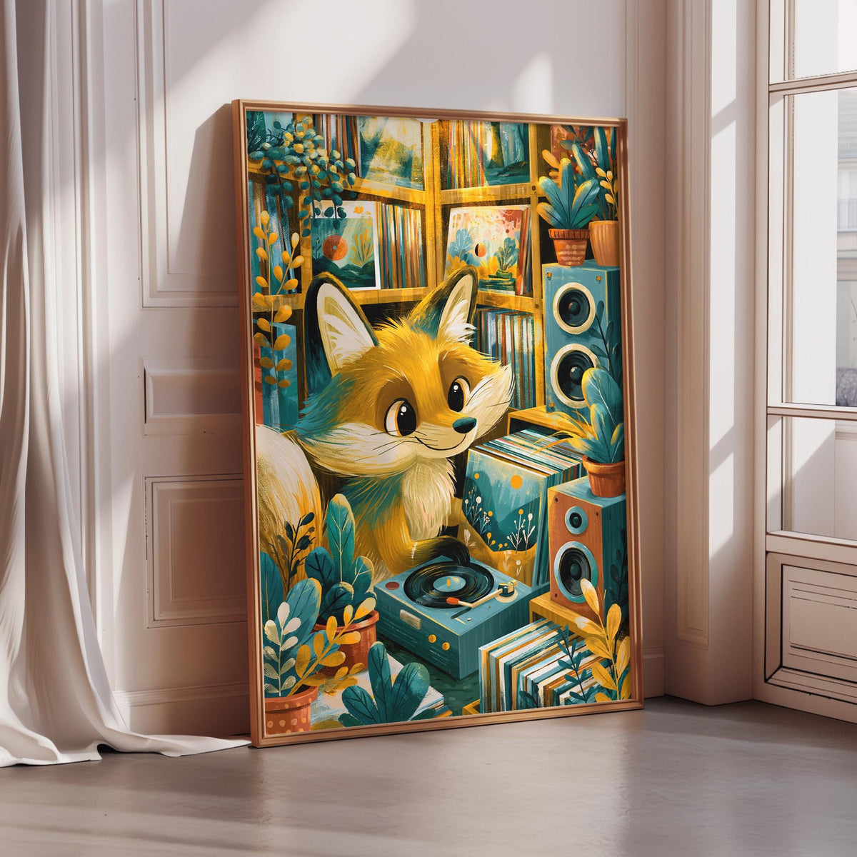 The image is a vibrant and whimsical painting depicting a fox surrounded by a variety of colorful objects, including books, plants, and musical equipment.