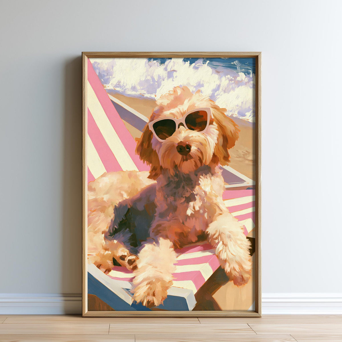 A dog wearing sunglasses is sitting on a beach chair, with a cloudy sky and ocean in the background.