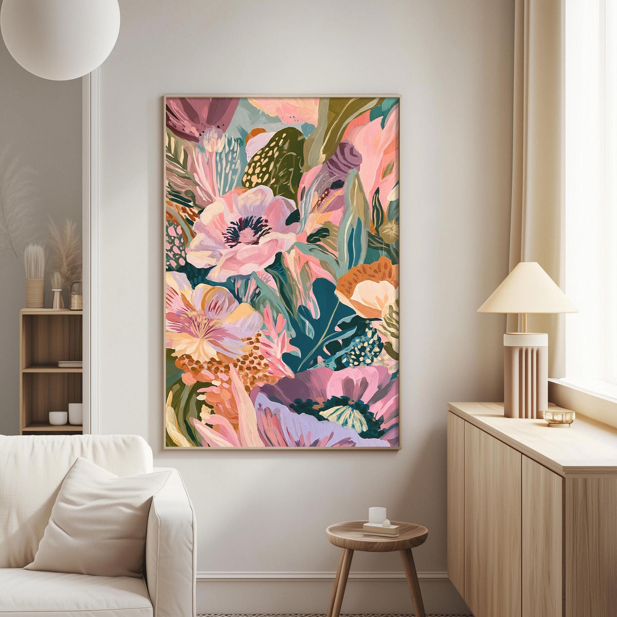 a large, colorful painting of flowers and plants hanging on a wall in a living room.